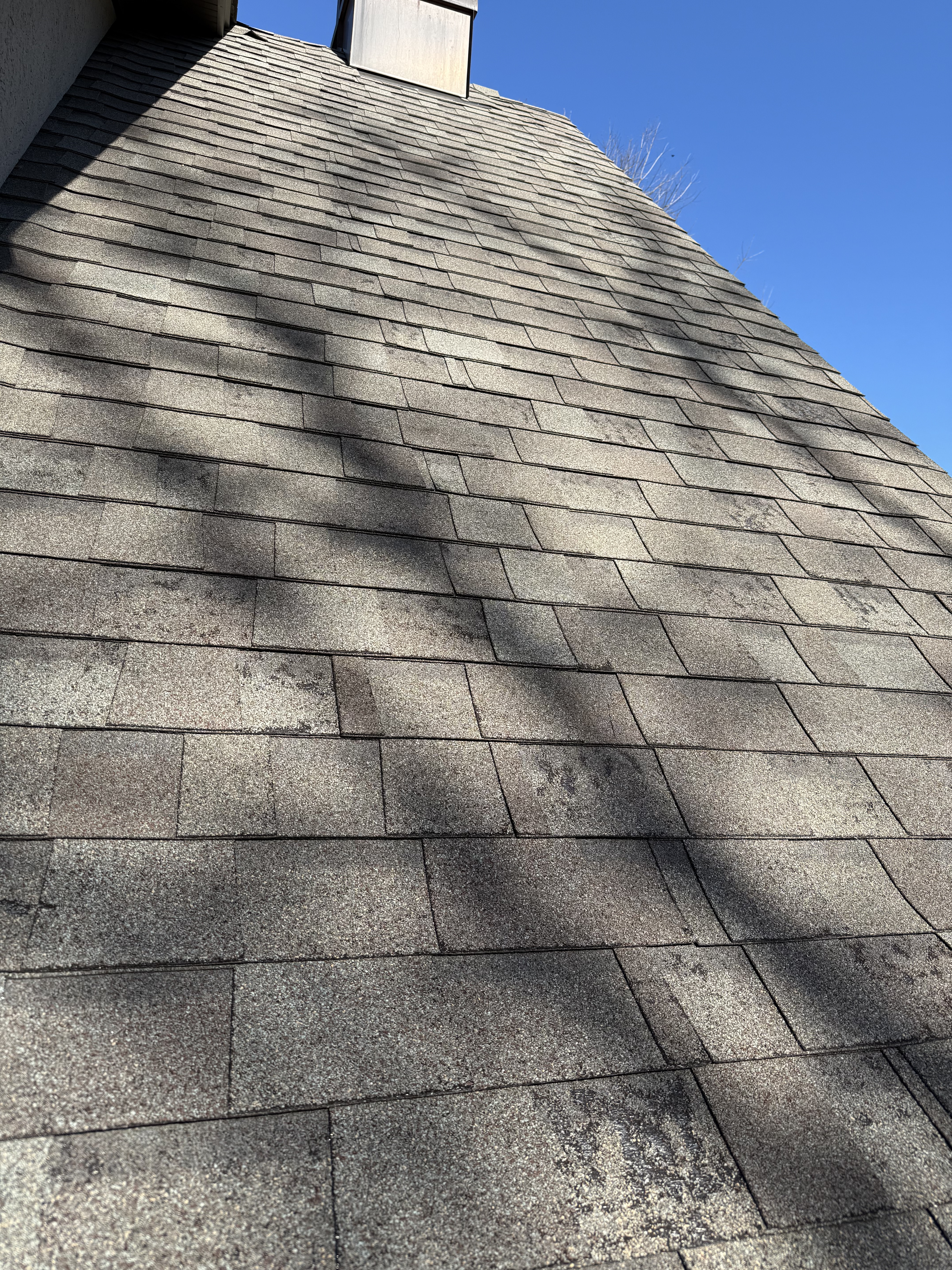 Vertical streaks of granule loss on 15-year old shingles, likely owens corning
