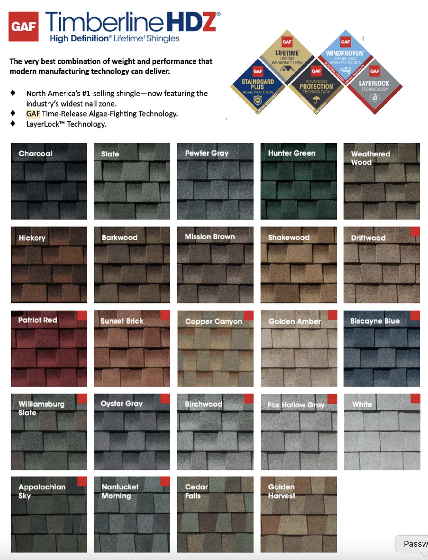 GAF Architectural shingle color chart